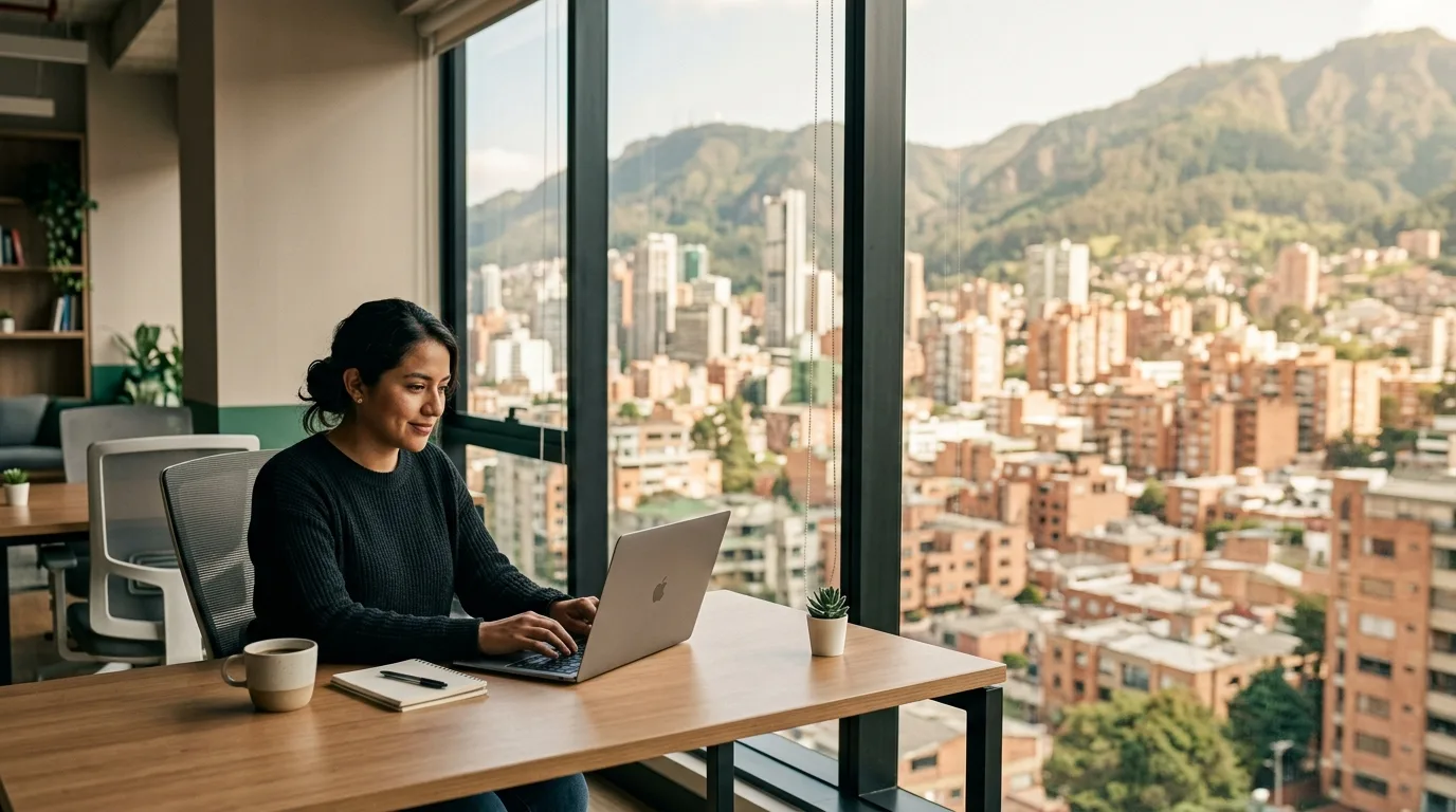 A software engineer working at a sunlit desk with a Latin American city skyline beyond the window