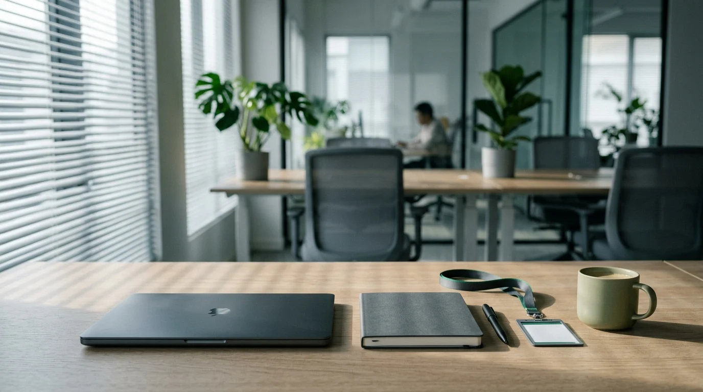 A new employee's minimalist first-day desk with an unworn badge lanyard, a closed laptop, and a blank notebook, lit by soft early morning window light
