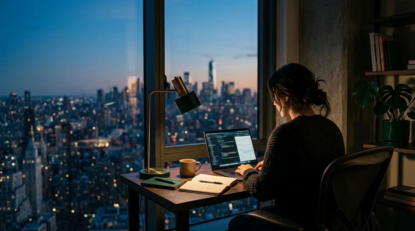 A solo recruiter working at a minimal desk in a home office overlooking a city skyline at dusk, lit by a single warm desk lamp