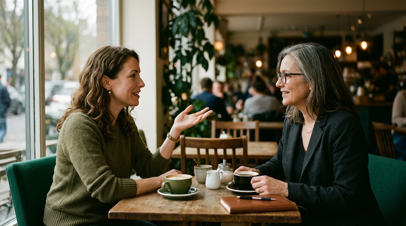 Two professionals in a warm, genuine conversation at a quiet cafe table by a window, coffee cups between them in soft natural daylight