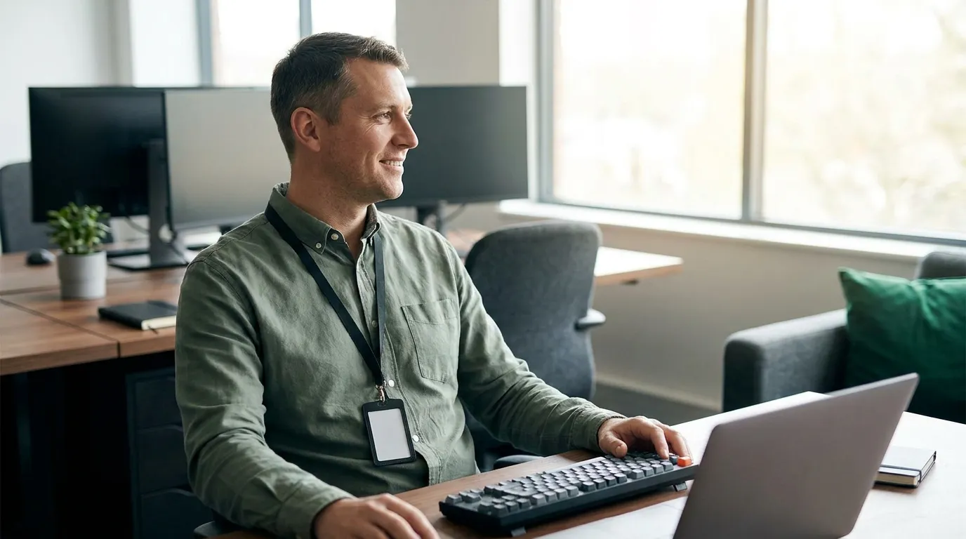 A veteran software engineer in a modern secure facility, badge on a lanyard, working at a workstation in warm natural light