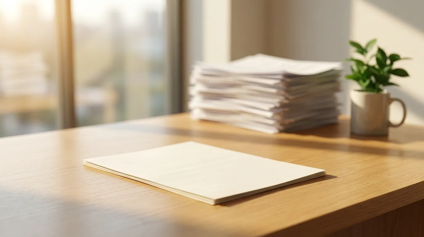 A single resume in sharp focus on a clean desk while a tall stack of papers sits blurred in the background, warm natural light