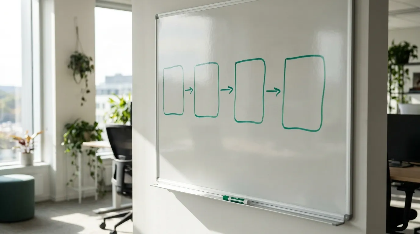 A clean whiteboard showing a simple four-step interview flow with a marker resting on the tray, bright modern office light