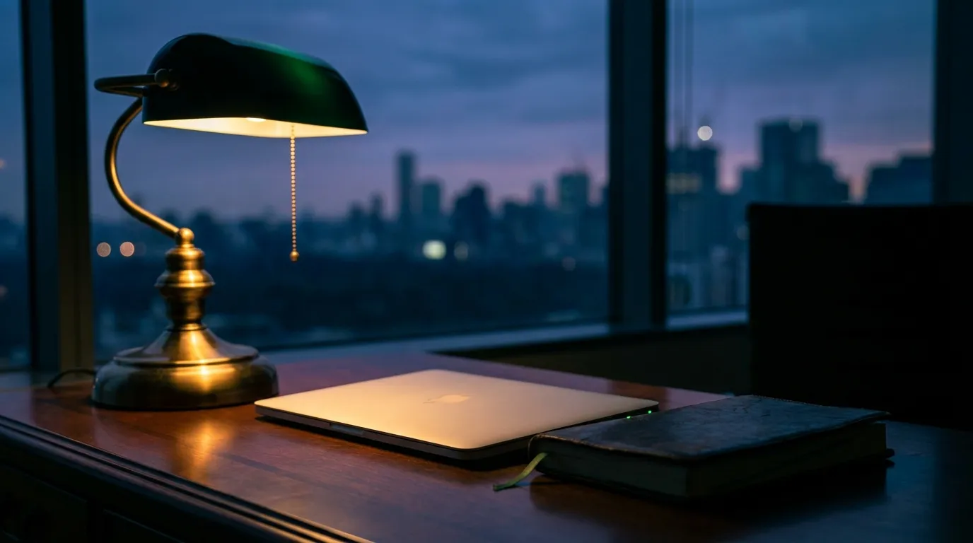 A quiet executive office at dusk lit by a single desk lamp, a closed laptop and a discreet notebook on the desk, city skyline through the window
