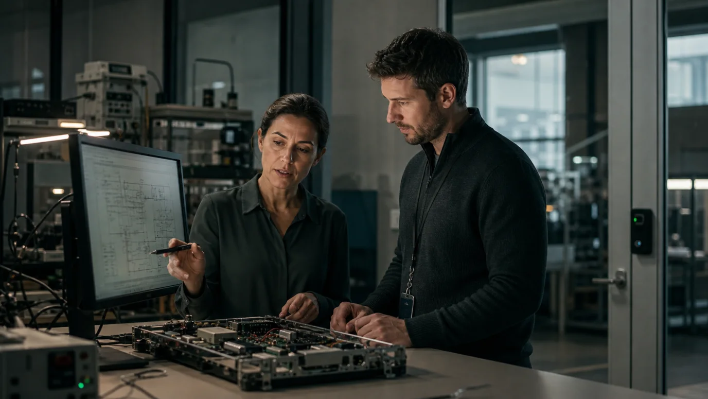 Two defense technology professionals reviewing an engineering diagram and electronics hardware in a secure workspace